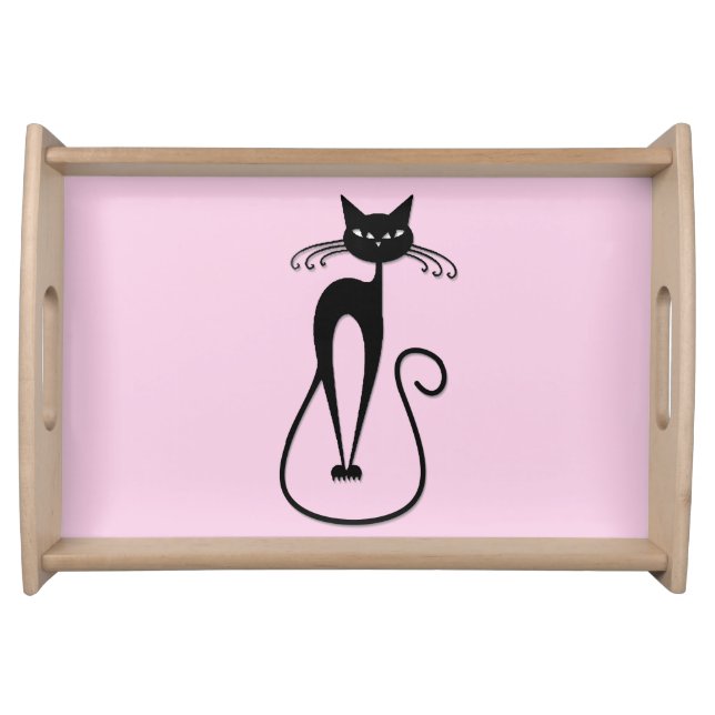 Whimsical Skinny Black Cat Pink Serving Tray (Front)