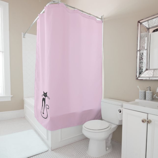Whimsical Skinny Black Cat Pink Shower Curtain (In Situ)