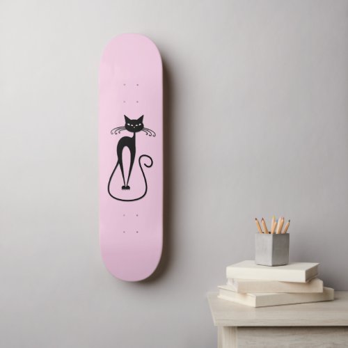 Whimsical Skinny Black Cat Pink Skateboard