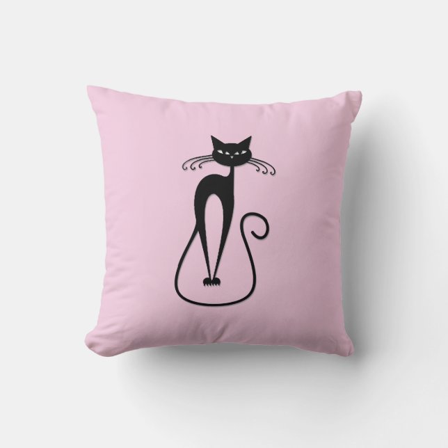 Whimsical Skinny Black Cat Pink Solid Side Throw Pillow (Front)