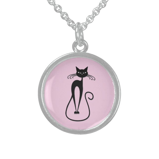 Whimsical Skinny Black Cat Pink Sterling Silver Necklace (Front)