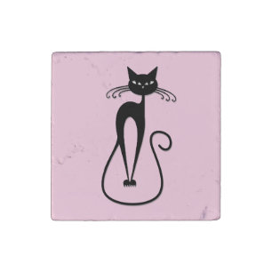 Whimsical Skinny Black Cat Pink Stone Magnet