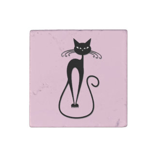 Whimsical Skinny Black Cat Pink Stone Magnet