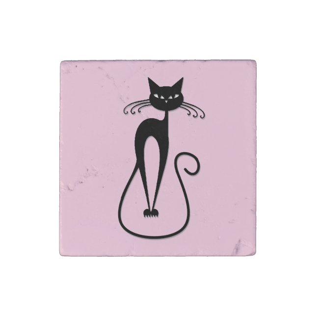 Whimsical Skinny Black Cat Pink Stone Magnet (Front)