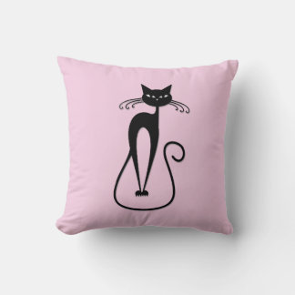 Whimsical Skinny Black Cat Pink Throw Pillow
