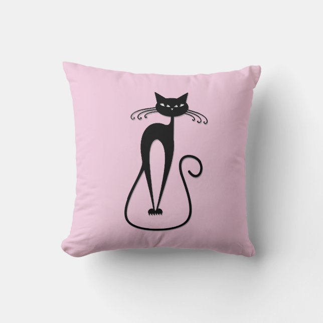Whimsical Skinny Black Cat Pink Throw Pillow (Front)