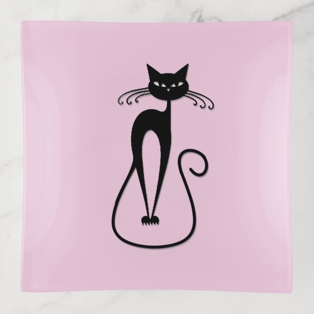Whimsical Skinny Black Cat Pink Trinket Tray (Front)