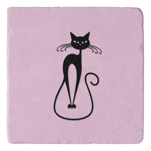 Whimsical Skinny Black Cat Pink Trivet