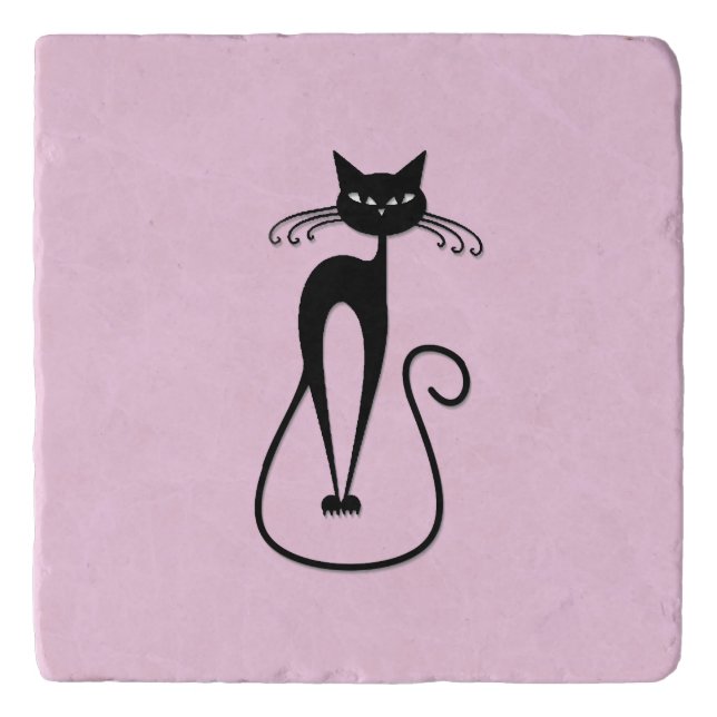 Whimsical Skinny Black Cat Pink Trivet (Front)