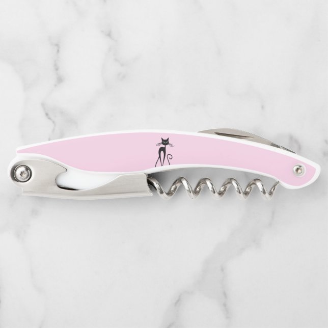 Whimsical Skinny Black Cat Pink Waiter's Corkscrew (Front)