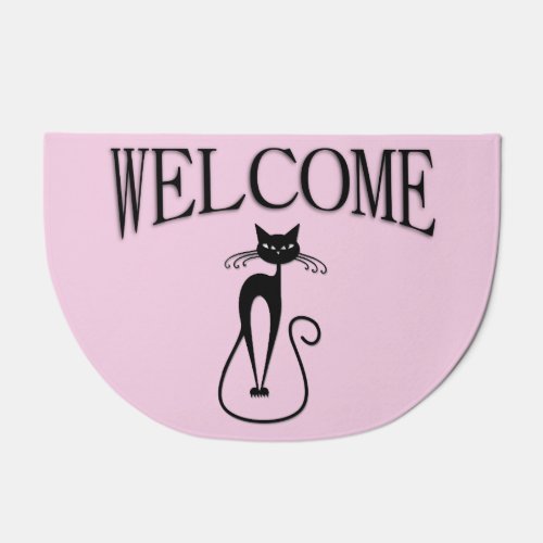 Whimsical Skinny Black Cat Pink Welcome Doormat