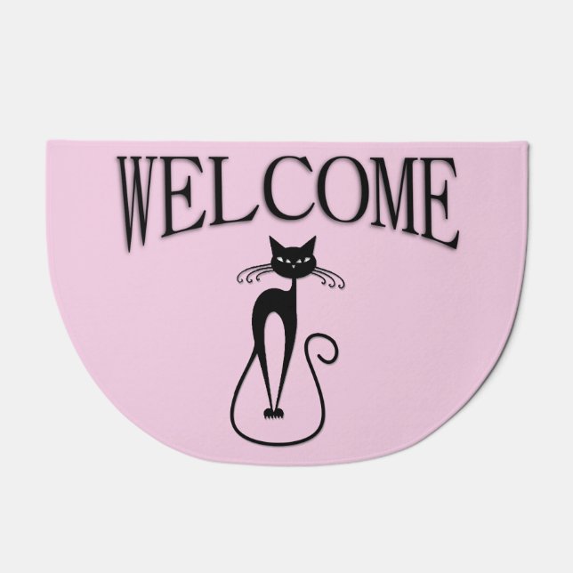 Whimsical Skinny Black Cat Pink Welcome Doormat (Front)