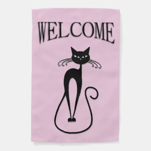 Whimsical Skinny Black Cat Pink Welcome Garden Flag