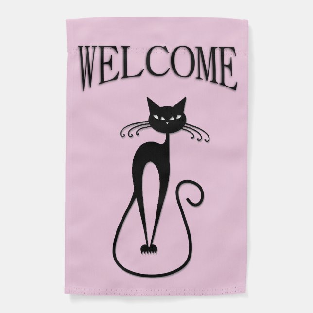 Whimsical Skinny Black Cat Pink Welcome Garden Flag (Front)