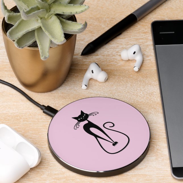 Whimsical Skinny Black Cat Pink Wireless Charger (Desk 2)