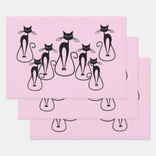 Whimsical Skinny Black Cat Pink Wrapping Paper Sheets