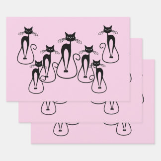 Whimsical Skinny Black Cat Pink Wrapping Paper Sheets