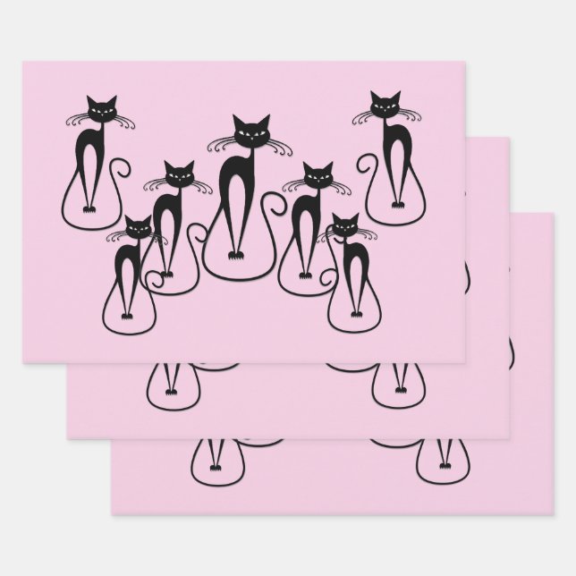 Whimsical Skinny Black Cat Pink Wrapping Paper Sheets (Set)
