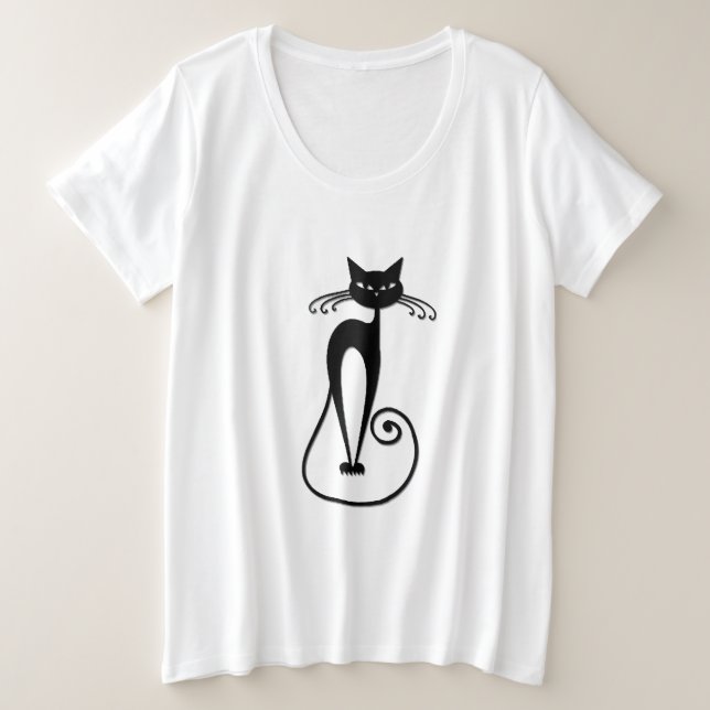 Whimsical Skinny Black Cat Plus Size T-Shirt (Design Front)