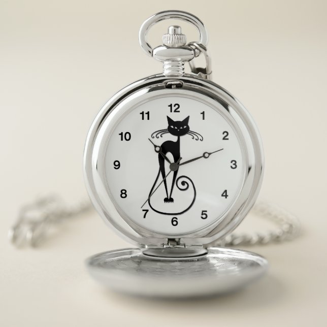 Whimsical Skinny Black Cat Pocket Watch (Inside)