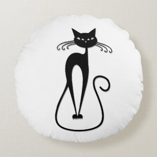 Whimsical Skinny Black Cat Round Pillow