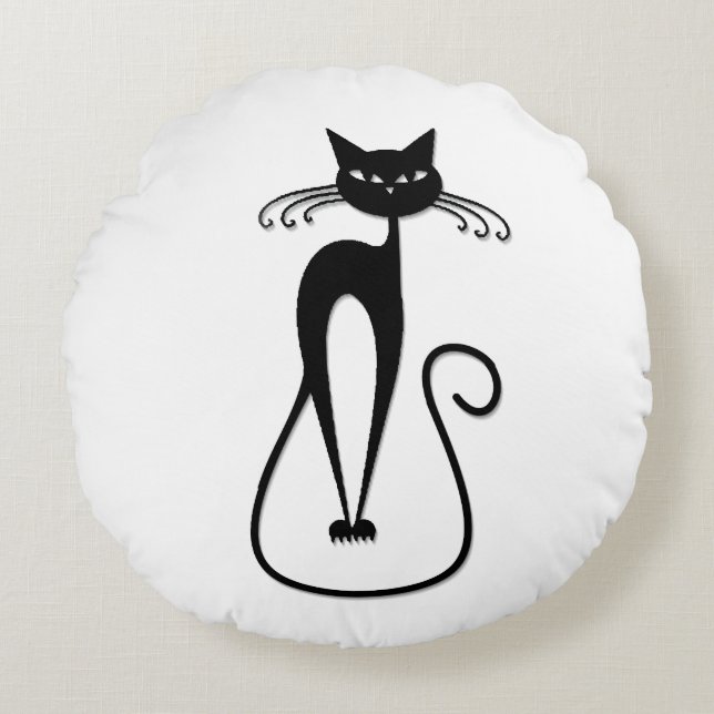 Whimsical Skinny Black Cat Round Pillow (Front)