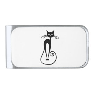 Whimsical Skinny Black Cat Silver Finish Money Clip