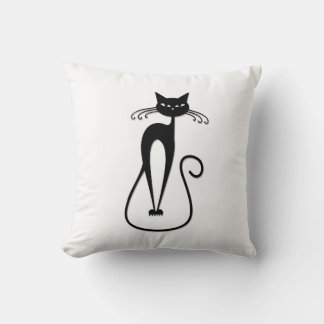 Whimsical Skinny Black Cat Throw Pillow