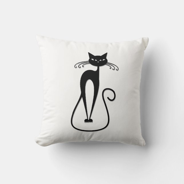 Whimsical Skinny Black Cat Throw Pillow (Front)
