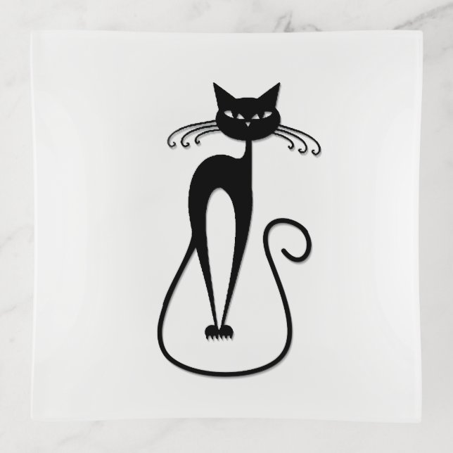 Whimsical Skinny Black Cat Trinket Tray (Front)