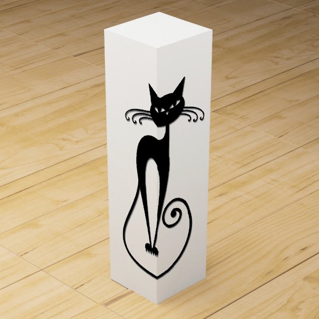 Whimsical Skinny Black Cat Wine Box (Front)