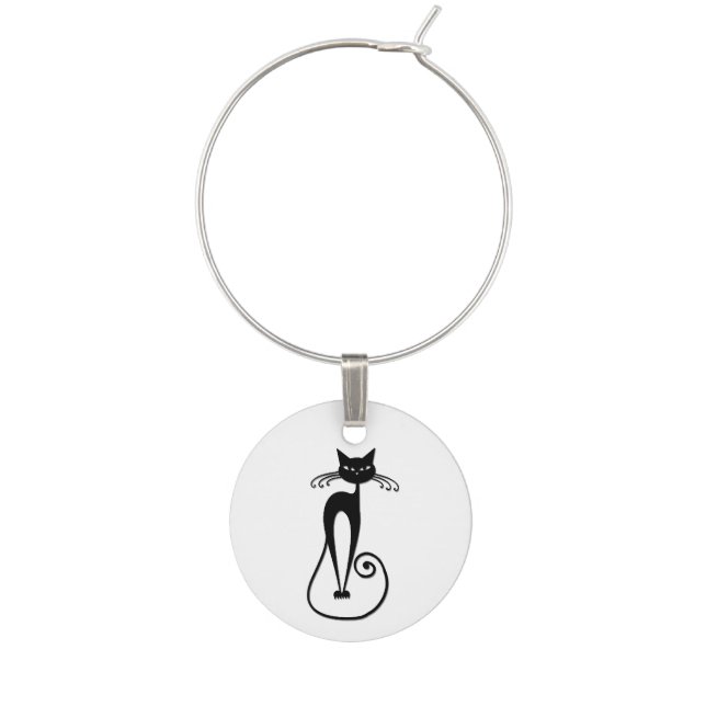 Whimsical Skinny Black Cat Wine Charm (Front)