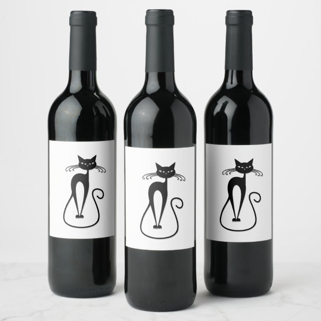 Whimsical Skinny Black Cat Wine Label (Bottles)