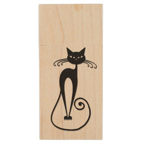 Whimsical Skinny Black Cat Wood Flash Drive