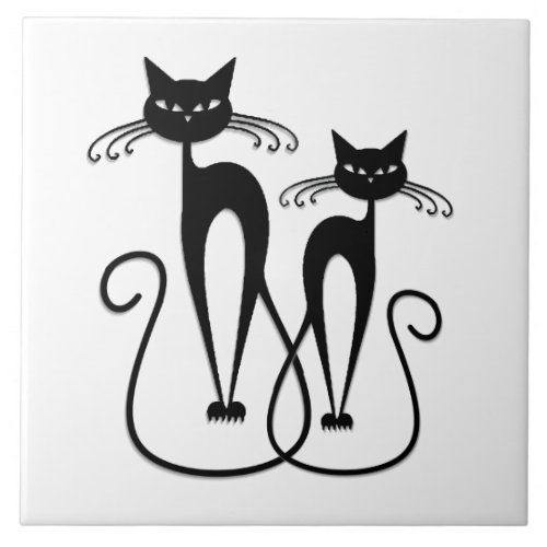 Whimsical Skinny Black Cats Ceramic Tile