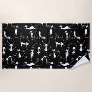 Whimsical Skinny white Cat Pattern Beach Towel