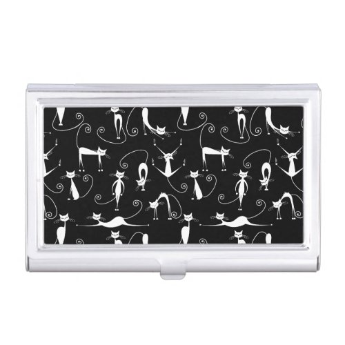 Whimsical Skinny White Cat Pattern Business Card Case