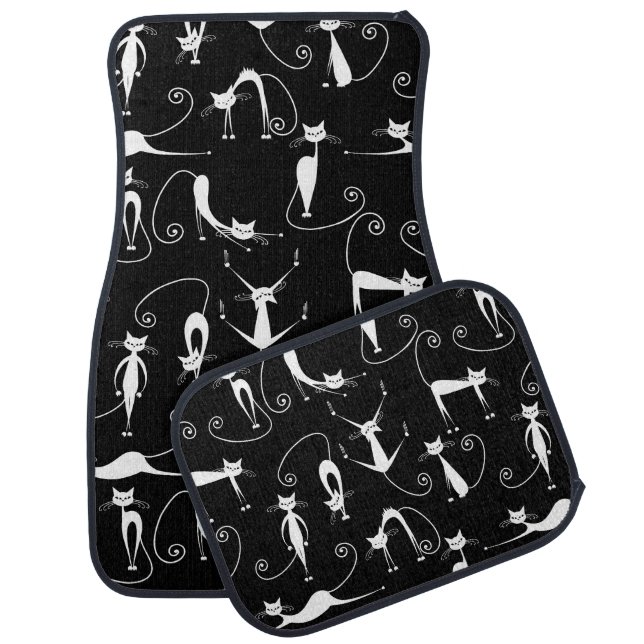 Whimsical Skinny White Cat Pattern Car Floor Mat (Set)
