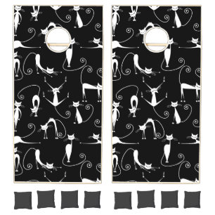 Whimsical Skinny white Cat Pattern Cornhole Set