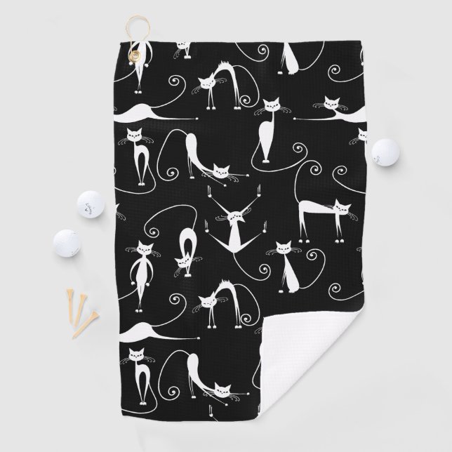 Whimsical Skinny white Cat Pattern Golf Towel (InSitu)