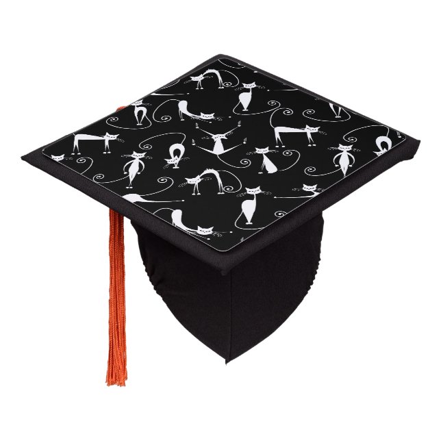 Whimsical Skinny white Cat Pattern Graduation Cap Topper (Angled)