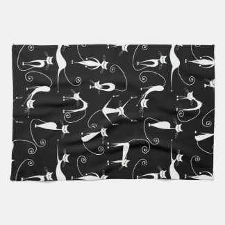 Whimsical Skinny white Cat Pattern Kitchen Towel