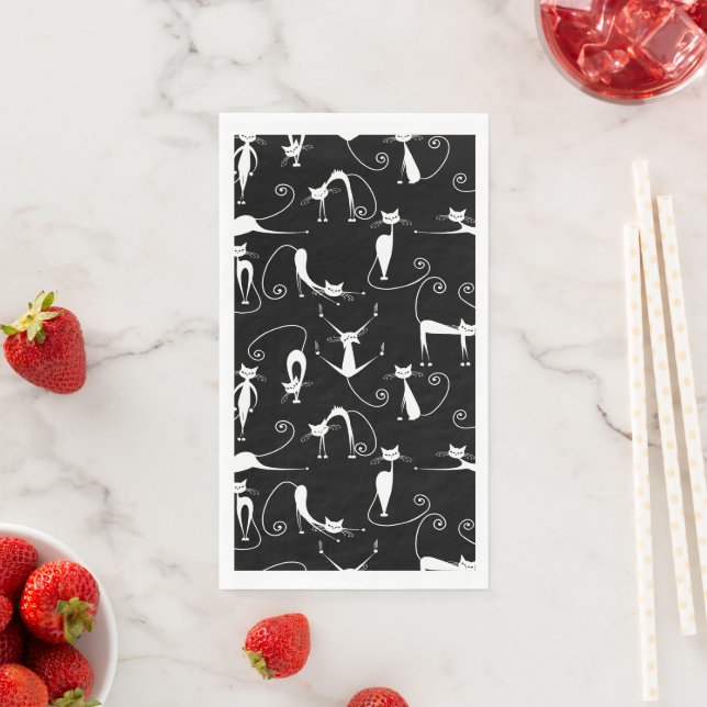 Whimsical Skinny white Cat Pattern Paper Guest Towels (Insitu)