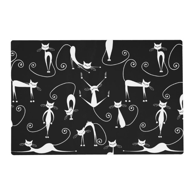 Whimsical Skinny White Cat Pattern Placemat (Front)