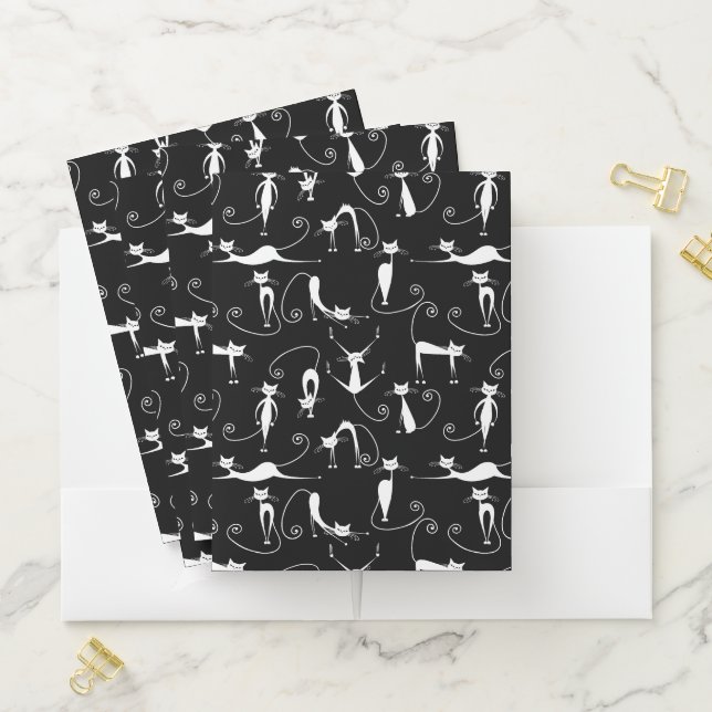 Whimsical Skinny white Cat Pattern Pocket Folder (In Situ)