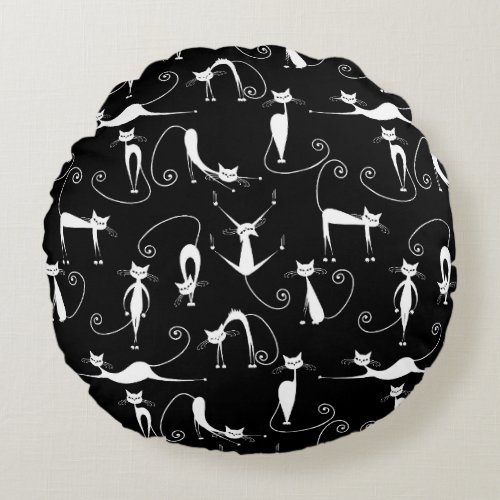 Whimsical Skinny white Cat Pattern Round Pillow