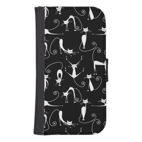Whimsical Skinny white Cat Pattern Galaxy S4 Wallet Case