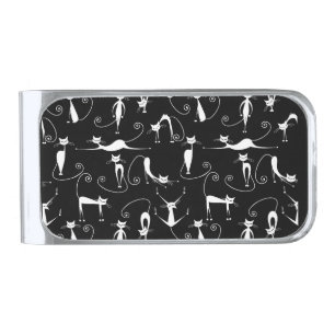 Whimsical Skinny White Cat Pattern Silver Finish Money Clip