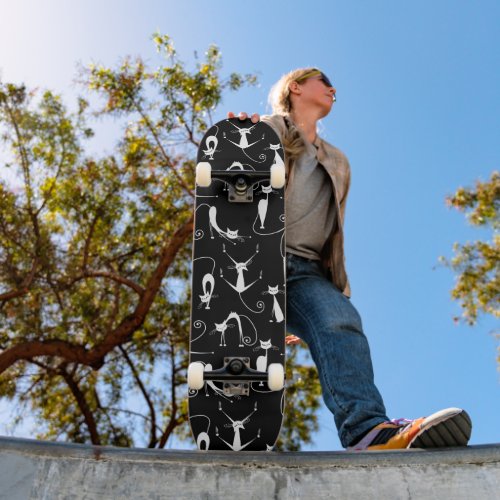 Whimsical Skinny white Cat Pattern Skateboard