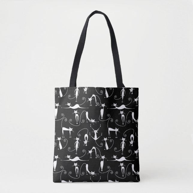 Whimsical Skinny White Cat Pattern Tote Bag (Front)
